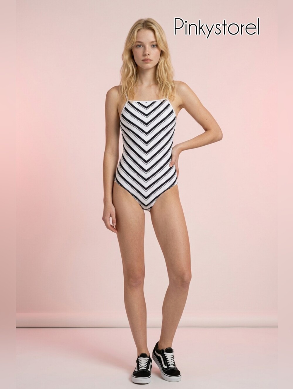 Sexy Black & White Stripes Swimsuit 🖤